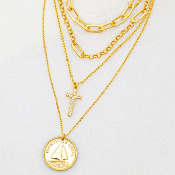 NEW 4 Layered Link Chain Sparkly Rhinestone Cross & Coin Pendant Gold Necklace - Picture 2 of 8